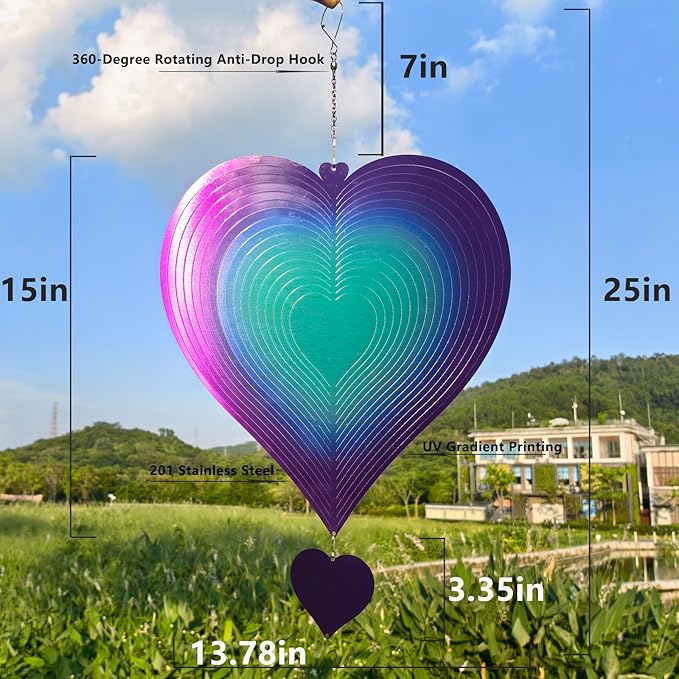 DJUAN 15in Large Heart Wind Spinner Garden Decor,Gifts for Women,Mom and Grandma,Mother's Day,Birthdays, Purple-Green Stainless Steel Hanging Yard Art Outdoor & Indoor Decorations