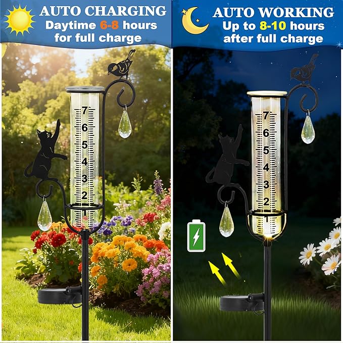 33" Solar Garden Rain Gauge - 7" Glass Tube for Outdoor Indoor Use, Patio Yard Decor Statue,Metal Cat & Bird Rain Gauge.