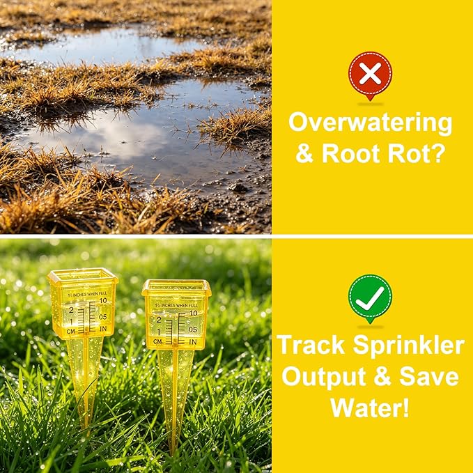 4 Pack Rain Gauge Outdoor, 1.5" Plastic Water Gauge for Rain with Wide Mouth & Ground Stake, Sprinkler Measuring Cup Tool for Yard Lawn Garden Irrigation, High Visibility Yellow Weather Instrument