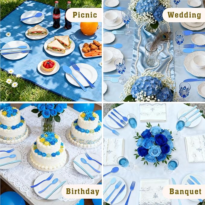 60 Pcs Blue Plastic Forks Disposable Baby Blue Cutlery Heavy Duty Plastic Silverware 50 Disposable Forks for Brithday, Wedding, Baby Shower