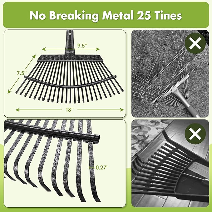 Rake for Leaves, Heavy Duty Leaf Rakes for Lawns & Yard - 79” Adjustable Long Handle 18” Width 25 Metal Tines - Gardening Rake for Adults Kids for Shrub,Grass,Mulch