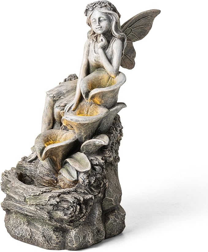 Glitzhome Water Fountain Outdoor, Outdoor Fountain with Lights & Pump, 22.75" H 4-Tiered Concrete Fairy Polyresin Cascading Waterfall Floor Standing Water Feature for Garden, Patio, Yard, Deck