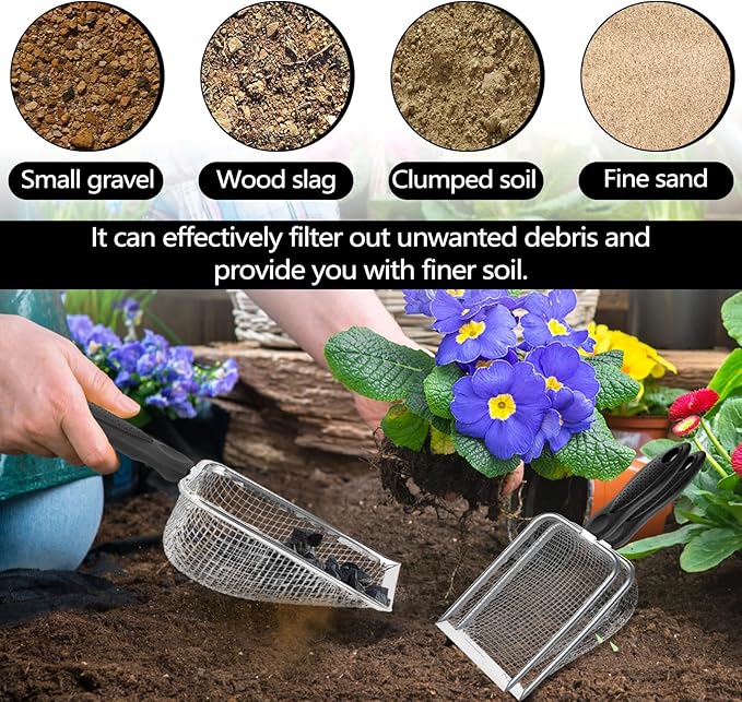 Huakaile 2 Pieces 5 & 3.8 mm Soil Sifter for Gardening, Stainless Steel Compost Sifter with Plastic Handle, Garden Mesh Shovel Potting Scoop for Sand Rock Gravel Filtration (2)