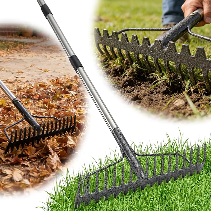 Bow Rake , 2-in-1 77in Metal Garden Lawn Rake for Weeding Digger Loosening Soil Raking Leaf Leveling Rocks Spreading Mulch Gravel 17 Tines Adjustable Garden Rake (77 Inch)