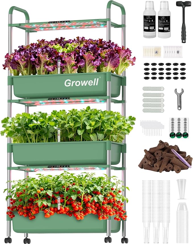 Growell Large Hydroponics Growing System Kit, 81 Pods Vertical Indoor Herb Garden Kit with LED Grow Light & Independent Water Pump, 42L Movable Indoor Planter Perfect Gardening Gifts (3 Tier-Green)