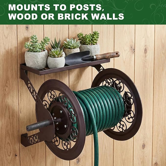 Outvita Wall Mounted Garden Hose Reel, Holds 175 ft 5/8-inch Hose, Manual Water Hose Holder Winder, Decorative Heavy-Duty, Space Saving, Easy Assmbly, for Yard Lawn Garage Backyards (Brown)