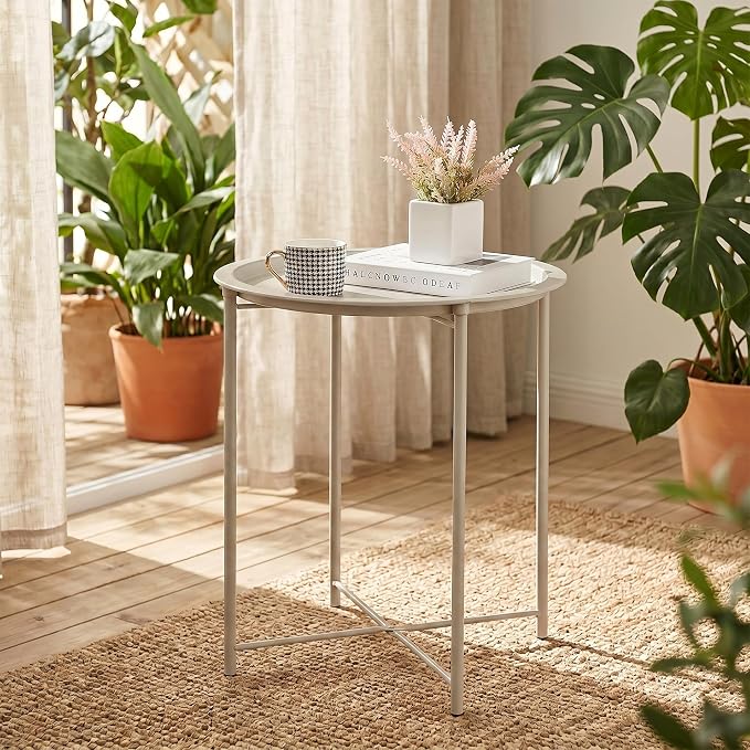 VECELO Side/End Table, Folding Round Metal Anti-Rust and Waterproof Outdoor or Indoor Tray for Living Room Bedroom Balcony and Office, 2 PCS, Grey