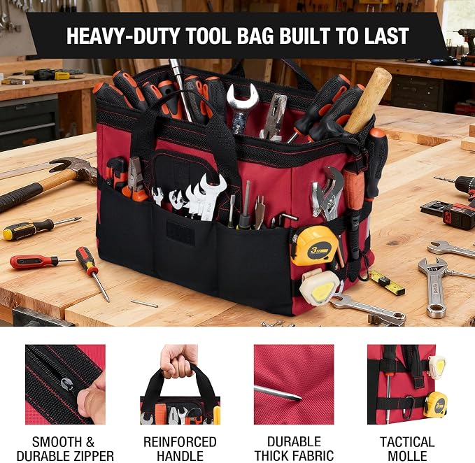 HISEA 3 Pack Heavy Duty Tool Bag with Storage Pockets, 13-Inch Tools Organizer Tote with Wide Base, Waterproof Durable Tool Bags with Zipper for Electrician, Tradesman (Red)