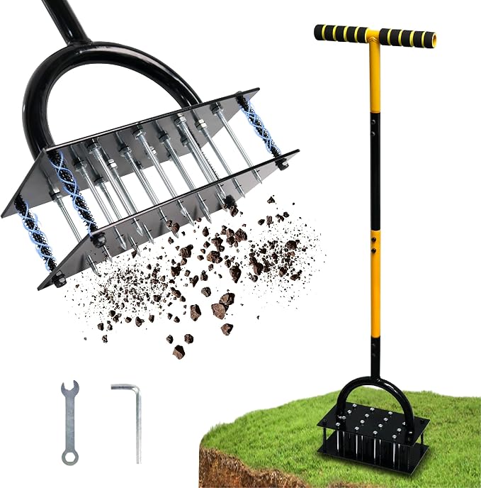Manual Lawn Aerator Tool – Spring-Loaded Self-Cleaning Soil Loosener with 16 Steel Spikes – Heavy Duty Spike Aerator for Compacted Lawns & Grass Root Growth