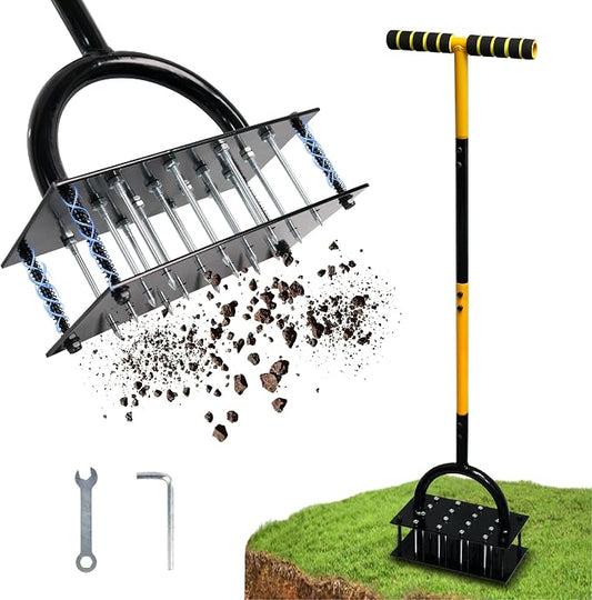 Manual Lawn Aerator Tool – Spring-Loaded Self-Cleaning Soil Loosener with 16 Steel Spikes – Heavy Duty Spike Aerator for Compacted Lawns & Grass Root Growth
