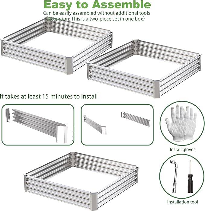 4x4x1ft-2PCS Raised Garden Bed Kit, Galvanized Planter Garden Boxes Outdoor, Metal Raised Garden Beds for Vegetables,Fruits, Flower,Silver