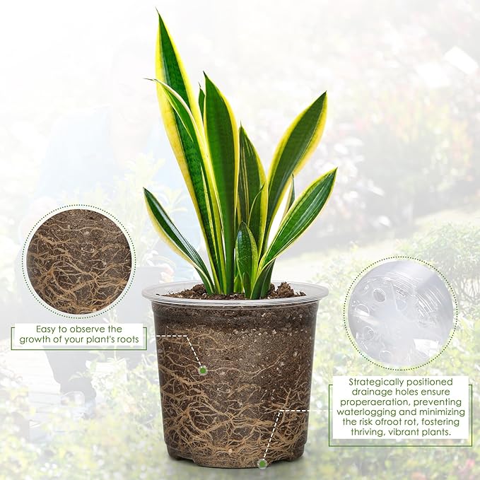 FUIJOL 7 Inch Clear Nursery Pots for Plants with Sacuers 15 Pack, Plastic Flower Pots with Drainage Holes, Variety Pack Seedlings Garden Pot for Indoor Outdoor (7 inch)