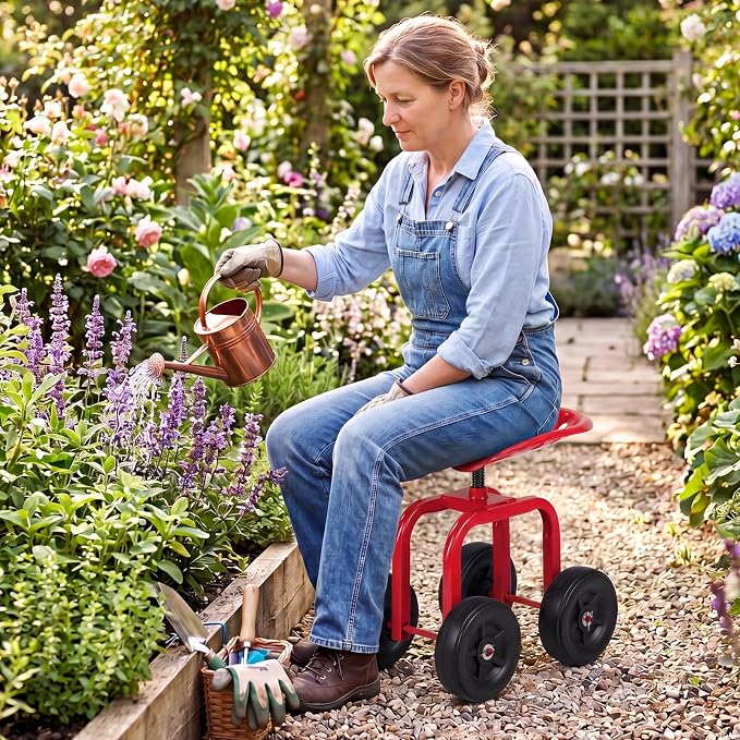 IRONMAX Garden Cart with Seat, Gardening Rolling Stool Scooter with Wheels & Ergonomic Seat for Planting, Wheeled Outdoor Gardening Work Seat for Patio, Yard, Garden (Red)