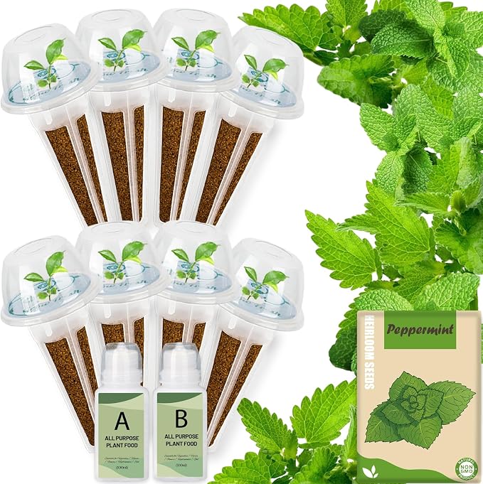 Herb Seed Pods Kit Hydroponic - Refill Pod for All Indoor Garden, 8 Grow Pods with Seeds of Peppermint & Plant Food, Compatible with All Hydroponics Growing Systems