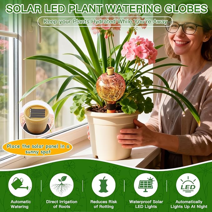 SAVENNA Crackle Glass Plant Watering Globe with Terracotta Spike,Self-Watering Irrigation for Potted Plants, with Solar Accent Light for Indoor & Outdoor Décor, 17oz, Yellow–Pink Gradient