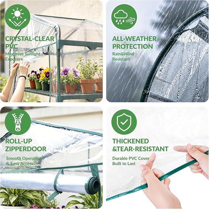KOL 27x19x63 in PVC Cover 4-Tier Mini Greenhouse, Indoor Outdoor | Portable seed starter plant stand, winter orchid frost protection, for apartment balcony patio