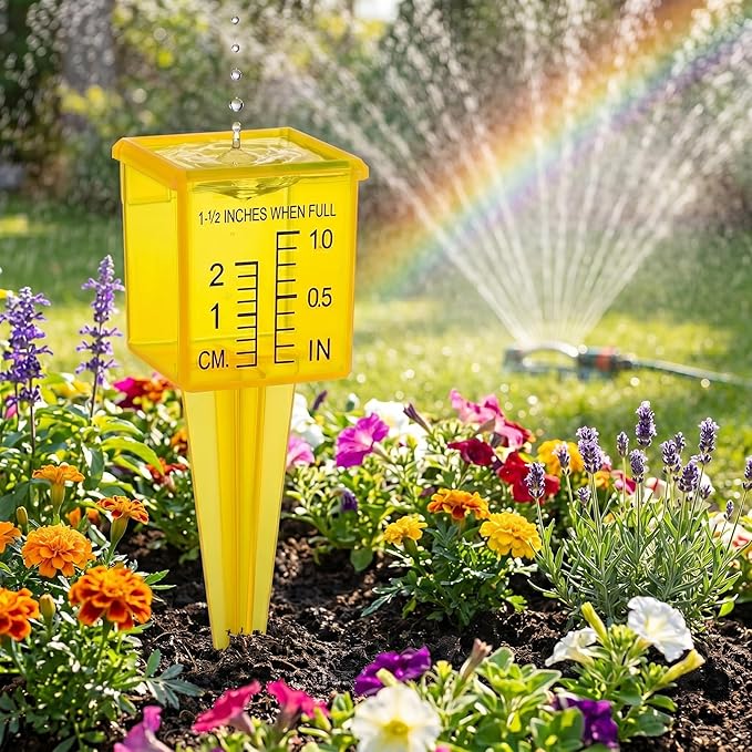 4 Pack Rain Gauge Outdoor, 1.5" Plastic Water Gauge for Rain with Wide Mouth & Ground Stake, Sprinkler Measuring Cup Tool for Yard Lawn Garden Irrigation, High Visibility Yellow Weather Instrument