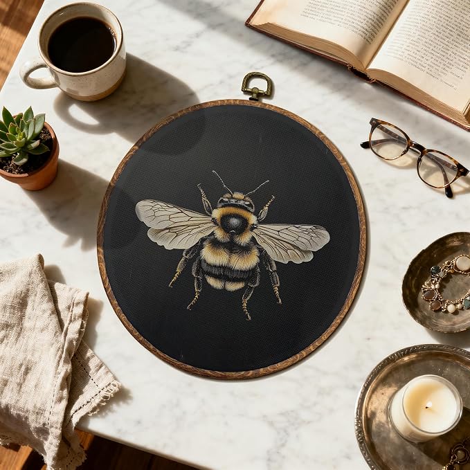 DOFQZ Dark Academia Bumble Bee Round Wall Art Decor, Vintage Moody Honey Bee Framed Wall Art, Gothic Bumblebee Canvas Wall Hanging Decor for Home Bedroom Living Room, 10x10