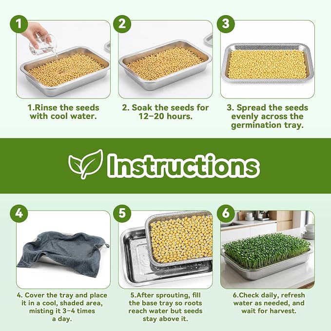 2-Pack Stainless Steel Seed Sprouting Tray Kit, Soil-Free Microgreens Growing Kit with Towel & Gauze, Sprouting Trays for Microgreens Beans Alfalfa Broccoli Wheat Grass (12.6" x 8.6")