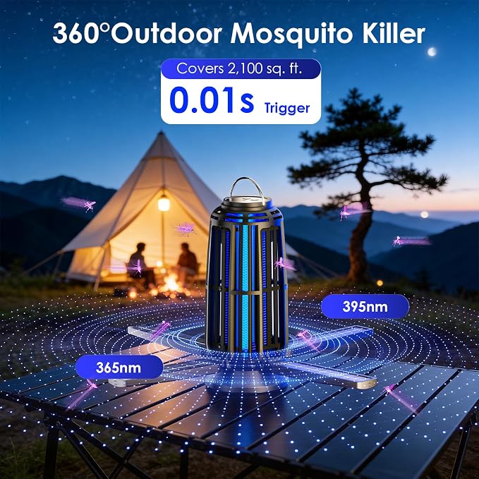 2 Pack Solar Bug Zapper Indoor & Outdoor, USB-C Rechargeable Mosquito Killer with 4-Sided Solar Panels, Waterproof Portable Fly Trap with LED Light for Patio, Garden, Camping & Backyard