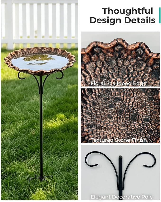 Metal Bird Bath for Outside, 10" Diameter Bird Bath with Heavy Duty 5-Prong Stake Base, Freestanding Outdoor Birdbath for Garden Patio Yard Lawn Decor (Antique Copper Pebble)