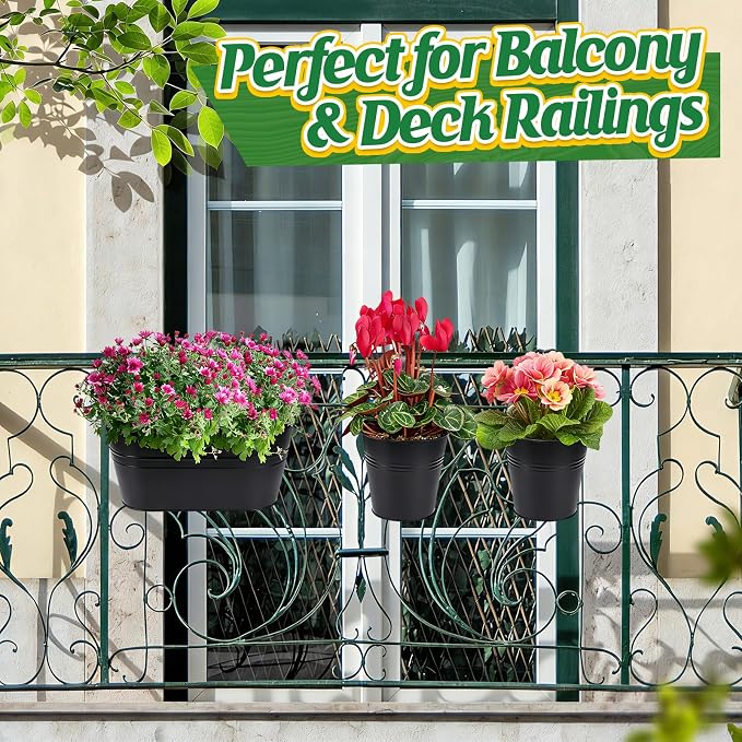 MADHOLLY Railing Planter with Drainage - 10.8" & 5.1" Bucket Pots for Balcony Railing, Metal Iron Hanging Flower Pots for Herb Planter Outdoor Deck & Rail Decor with Hook, Black (3Pcs)