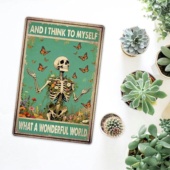 Retro Garden Metal Signs Vintage Skull Poster Wildflower Decor - And I Think To My Self What a Wonderful World Sign, Flowers Butterfly Wall Decor for Home, Garden, Bedroom, Living Room 8x12 Inch