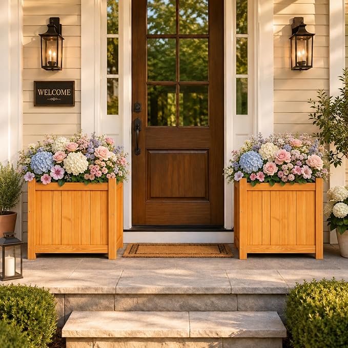 Set of 2 Wooden Planter Boxes Outdoor, 16.1" Square Fir Wood Flower Planters with Liner, Drainage Holes & Removable Bottom Board, Natural Wood Outdoor Bucket Planter for Patio Porch Yard Garden