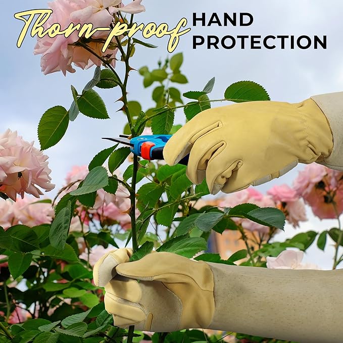 HANDLANDY Rose Pruning Gardening Gloves for Men Women, Thorn Proof Forearm Protection Leather Garden Gloves, Gardening Gifts for Gardeners (Vanilla, Large)