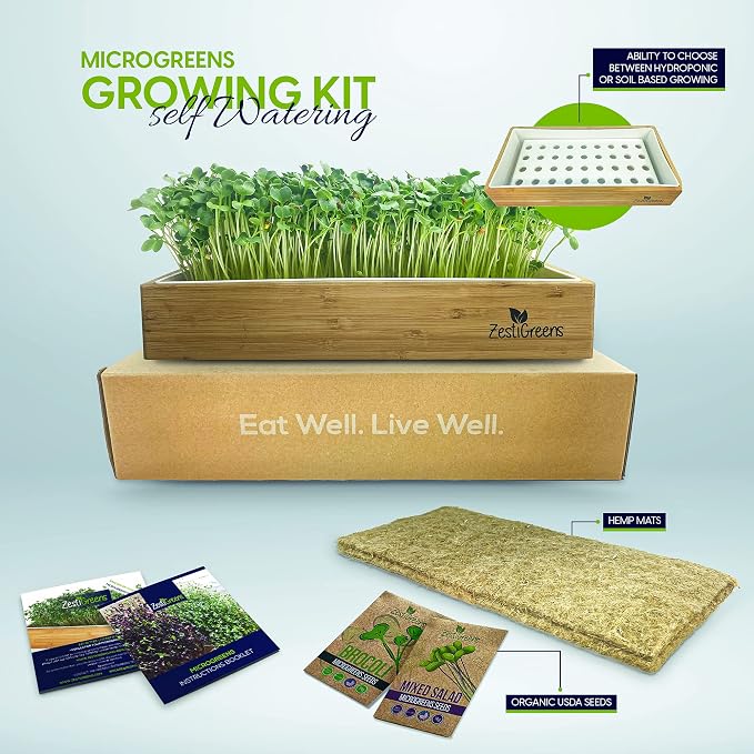 Organic Self-Watering Microgreens Growing Kit – Reusable Indoor Grow Tray with Organic Seeds, Grow Mats & Bamboo Frame – Easy No-Soil Microgreens Starter Kit (Broccoli & Salad Mix)