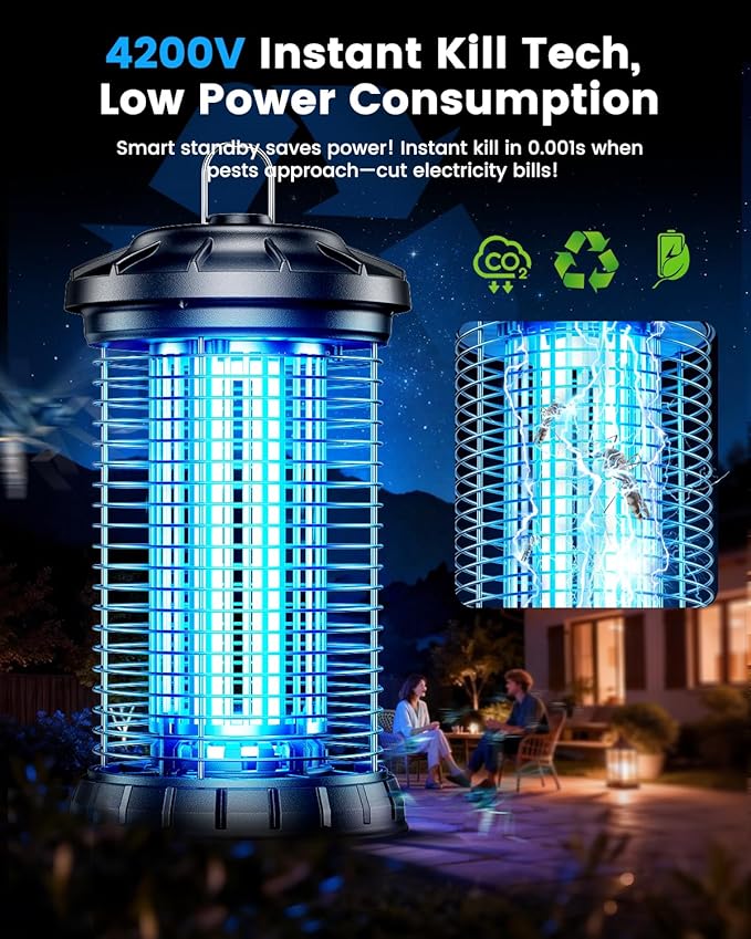 Outdoor Bug Zapper, IPX5 Mosquito Zapper with Dual Lure 365nm Light & 36℃ Body Heat CO2 Mimic, 4200V Smart High Voltage Insect Trap for Patio Backyard Garden