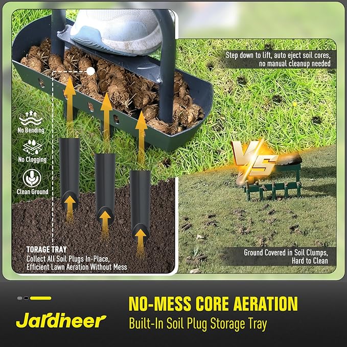 Jardineer Lawn Aerator Coring Tool with Soil Core Tray, Core Aerator with 4" Deep Plugs and Wider Foot Pedal, Manual Grass Plug Aeration Tool for Compacted Soil, Improving Lawn Health | Core Aerator with Soil Tray