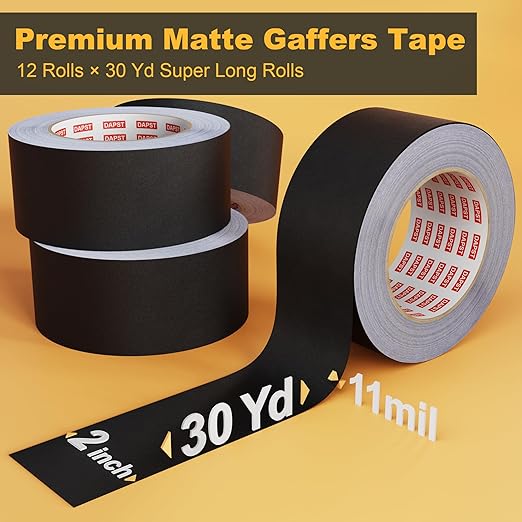 12 Pack Black Gaffers Tapes 2 Inch x 30 Yards x 11 Mil - Pro Black Gaff Tape - Waterproof, No Residue, Non-Reflective, Easy Tear - Photography, Filming Backdrop, Stage, Production (360 Yards in Tatal)