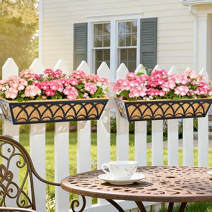 30 Inch Railing Planter Box Window Boxes Planters - 6 Pack Deck Railing Planter Boxes with Adjustable Brackets Coco Liners Balcony Planters Railing Hanging for Window Flower Boxes Outdoor Garden Decor