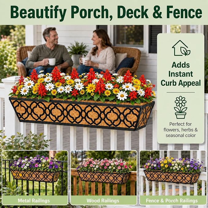 HFHOME 24 Inch Deck Railing Planter Box with Horse Trough Coco Liner, 24" Window Boxes with Coconut Coir Liner, Black Metal Hanging Flower Planter Basket for Outdoor Indoor Lawn - 4 Pack