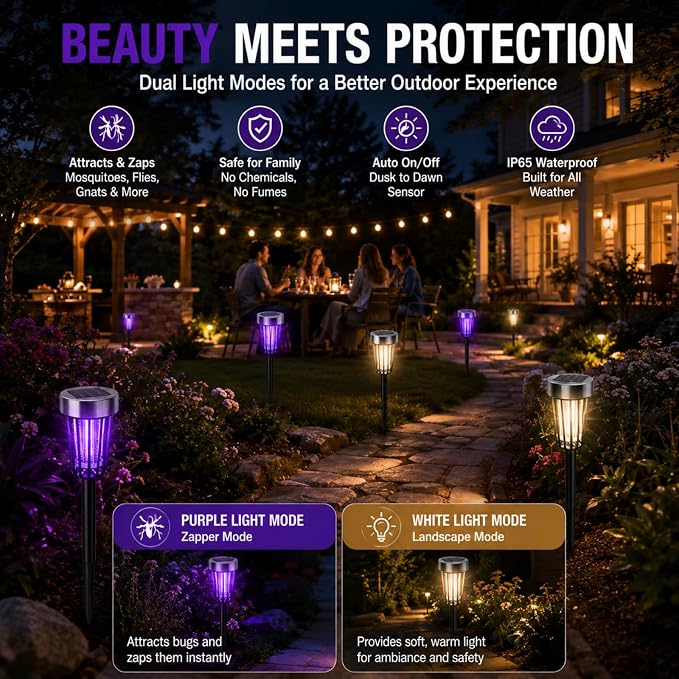 2026 Solar Bug Zapper Outdoor,4 Pack Mosquito Repellent Outdoor Patio IP65 Waterproof, Auto On/Off with Purple or White Light,Solar Powered Insect Zappers for Gnats Flies Bugs for Yard Garden Pathway