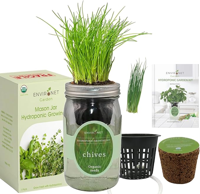 Hydroponic Herb Growing Kit, Self-Watering Mason Jar Herb Garden Starter Kit Indoor, Grow Your Own Herbs from Organic Seeds (Chives)
