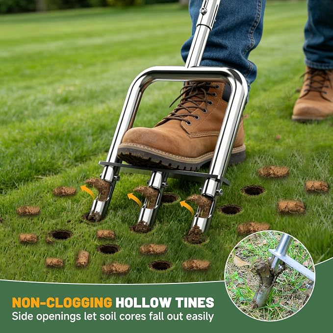 Lawn Core Aerator Tool, Handheld Soil Coring Aerator, 3 Replaceable Hollow Tines Semi-Assembled Grass Plug Aerator for Yard Lawn Garden Care-Green