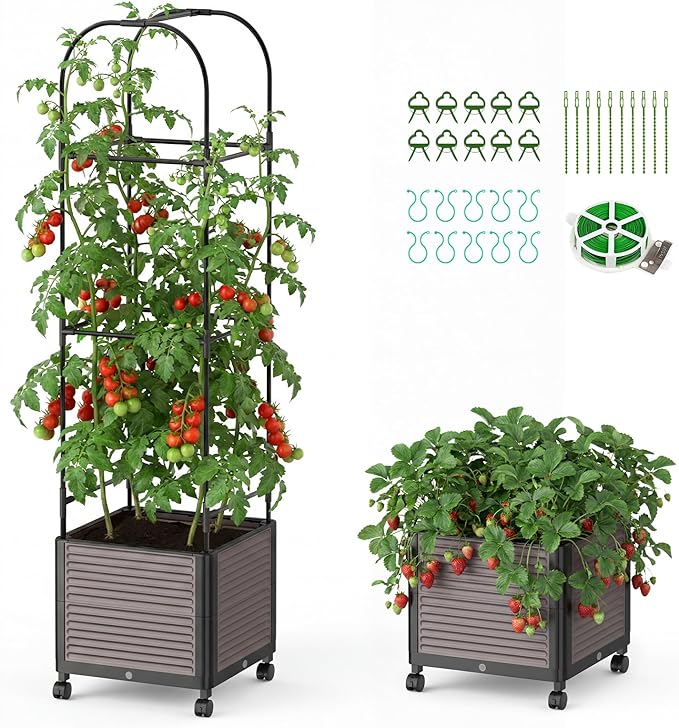 Raised Garden Bed Planter Box with Trellis, 61''H Tomato Planters for Climbing Plants Vegetable Vine Flowers Outdoor Patio Tomato Cage, Self Watering Planter with Wheels