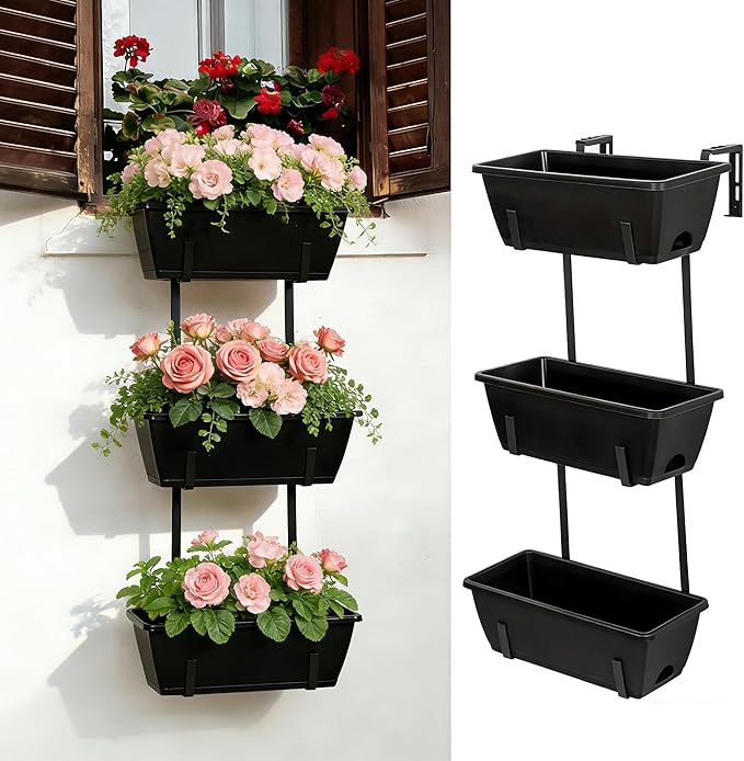 OYEAL Railing Planter Box 3 Tier Vertical Window Boxes Planter Outdoor with Adjustable Brackets & Rectangular Flower Pots Deck Railing Hanging Flower Pots for Patio, Lawn, Porch, Balcony Decor, Black