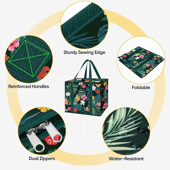 BALEINE 3Pk Insulated Reusable Grocery Bags, Foldable Shopping Bags for Groceries with Reinforced Bottom & Handles (Blossom Season)