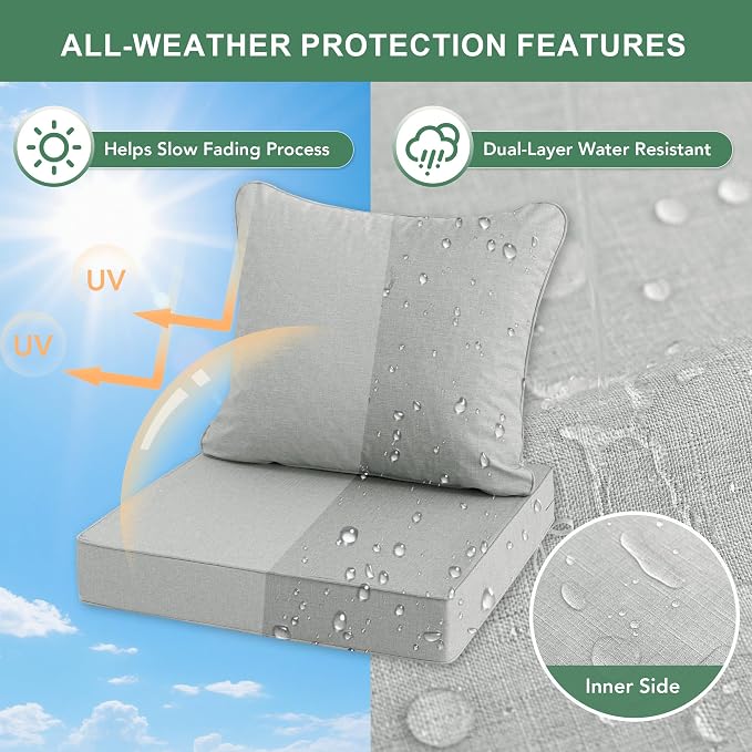 Summsun Patio Cushions for Outdoor Furniture, Faux Linen Water Resistant Backrest and Seat Cushion Set with Non-Slip Bottom, Straps, Removable Cover, 19 x 19 Inch, Light Grey