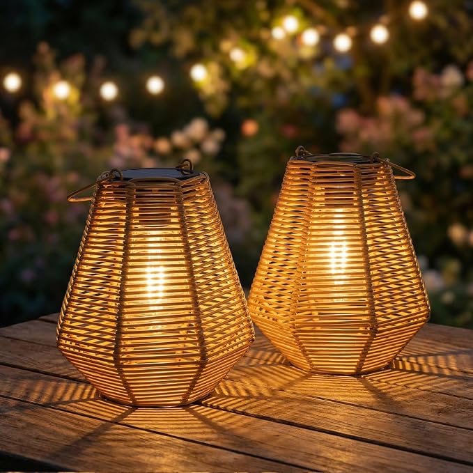 Solar Lanterns, 2 Pack Rattan Hanging Lights Solar Lanterns Outdoor Waterproof Outside Solar Lamp for Garden Patio Yard Porch Pathway Table Decor Decorative Birthday Gifts for Mom Grandma