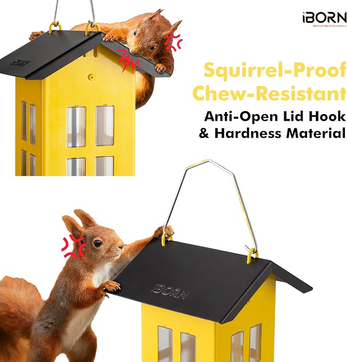 iBorn Bird Feeder House, Metal Bird Feeders for Outdoors Hanging,Double-Sided Metal Hanger & Weatherproof, Easy to Clean & Refill, 2.2 Lbs Capacity, Yellow