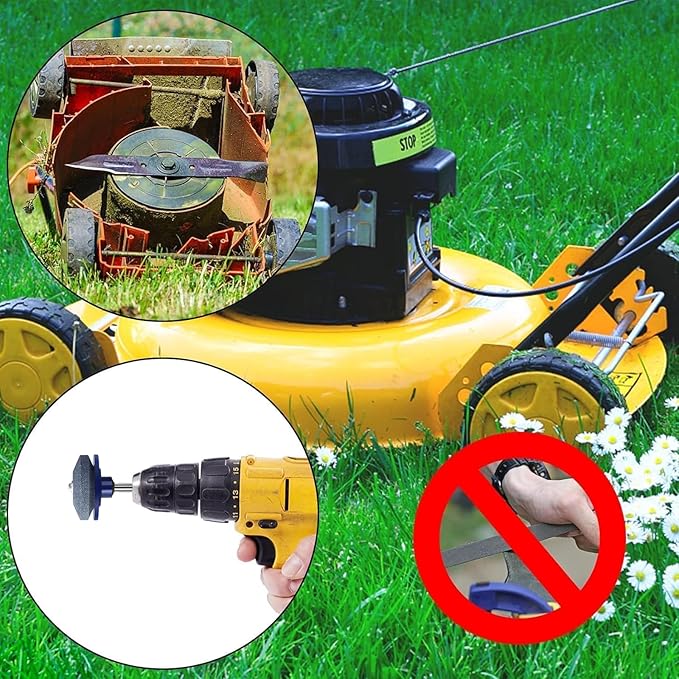 4PCS Lawnmower Blade Sharpener, Universal Rotary Lawn Mower Blade Sharpener with Balancer for Any Power Hand Drill (Blue)