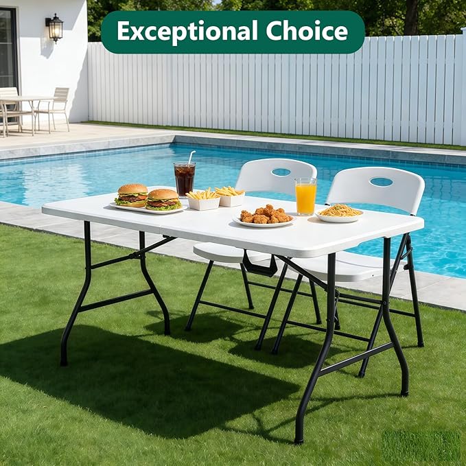 Folding Table 5ft - Heavy Duty Fold-in-Half Plastic Table, Portable Utility Tables with Steel Legs for Indoor, Outdoor, Picnic, Camping, Dining, Party (White)