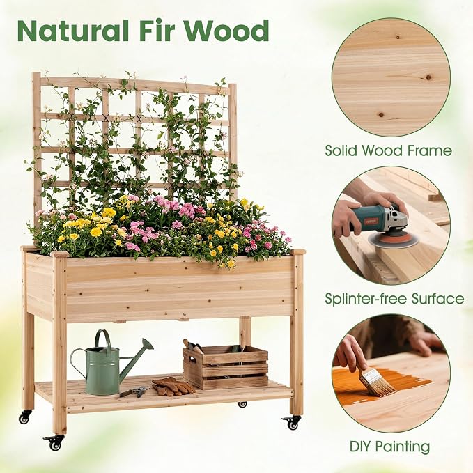 COSTWAY Wooden Raised Garden Bed with Trellis, Mobile Elevated Planter on Wheels, 285 lbs Capacity with Liner & Drainage Holes, Freestanding Outdoor Box for Climbing Plants, Vegetables, & Herbs