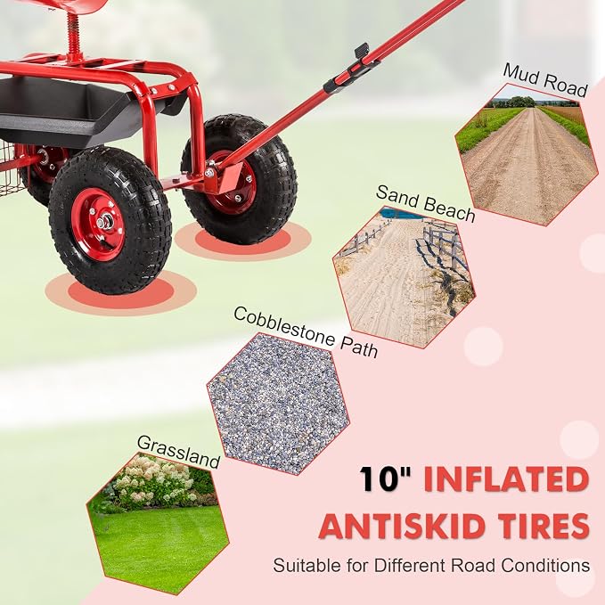 J-Sun-7 Garden Cart with Seat - Steel Rolling Garden Scooter Stool with Wheels, 360 Degree Swivel Work Seat, Adjustable Handle, Tool Tray, Basket, Gardening Stools for Seniors, Red