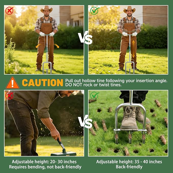 Lawn Core Aerator Tool, Handheld Soil Coring Aerator, 3 Replaceable Hollow Tines Semi-Assembled Grass Plug Aerator for Yard Lawn Garden Care-Green