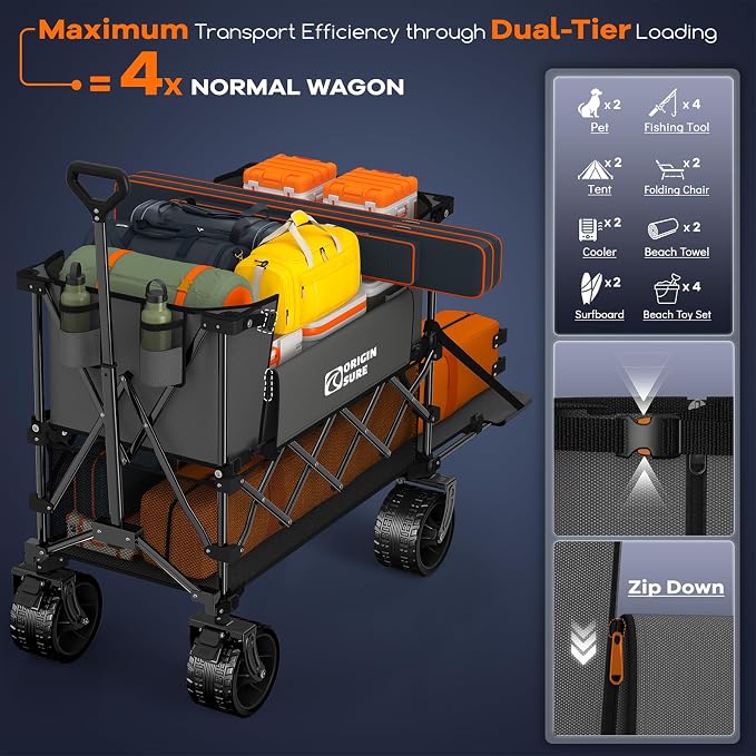 Originsure 400L Double Decker Wagon Collapsible with 54" L Tailgate, 560lbs Heavy Duty Carts Foldable, Extra Large Folding Beach Wagon with Big All-Terrain Wheels for Camping, Sports, Groceries, Grey
